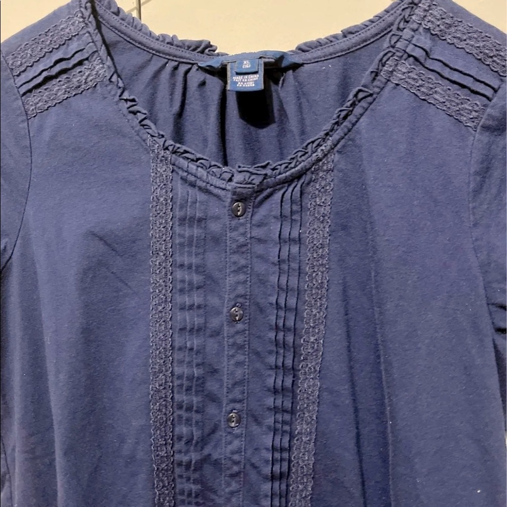 Ralph Lauren navy blue gothic lace frilled button down blouse